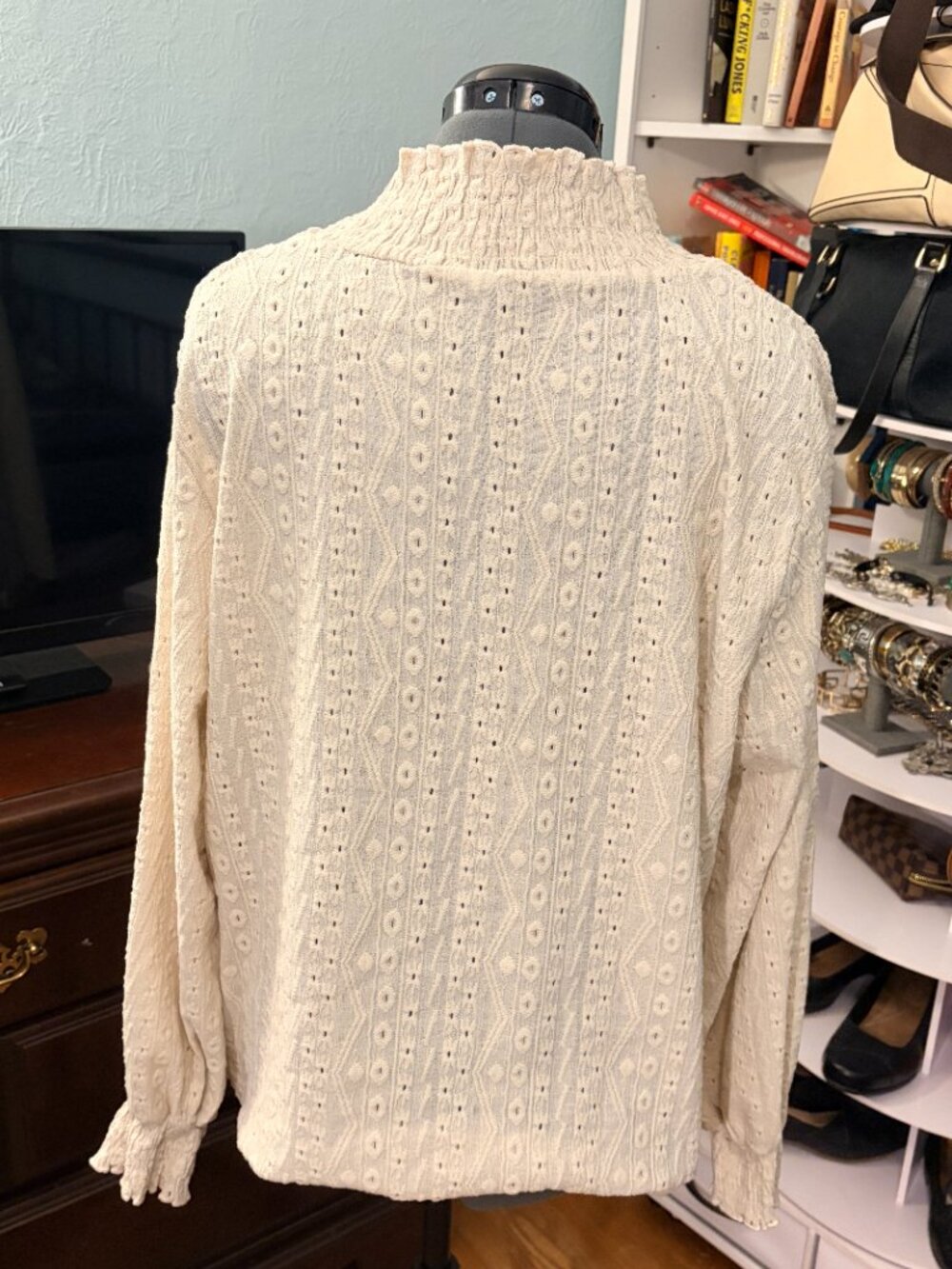 Cream Smocked Mock Neck Textured Blouse Lightweight Cottagecore Grandmacore Top - Picture 2 of 10